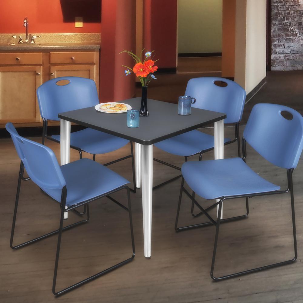 Regency Kahlo 30 in. Square Breakroom Table- Grey Top, Chrome Base & 4 Zeng Stack Chairs- Blue. Picture 7