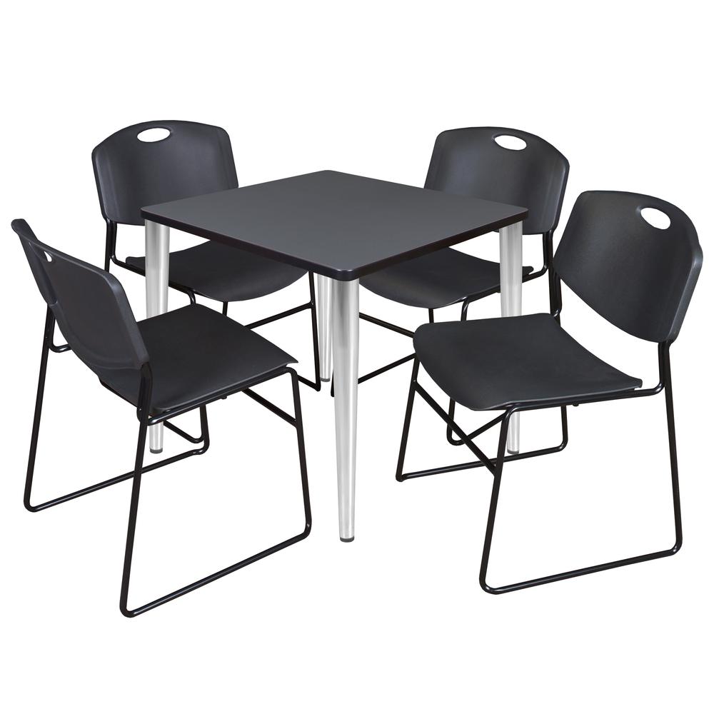 Regency Kahlo 30 in. Square Breakroom Table- Grey Top, Chrome Base & 4 Zeng Stack Chairs- Black. Picture 1