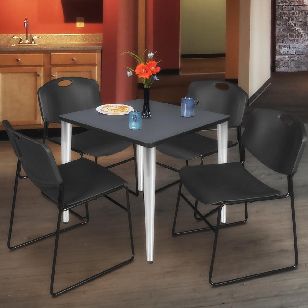 Regency Kahlo 30 in. Square Breakroom Table- Grey Top, Chrome Base & 4 Zeng Stack Chairs- Black. Picture 7