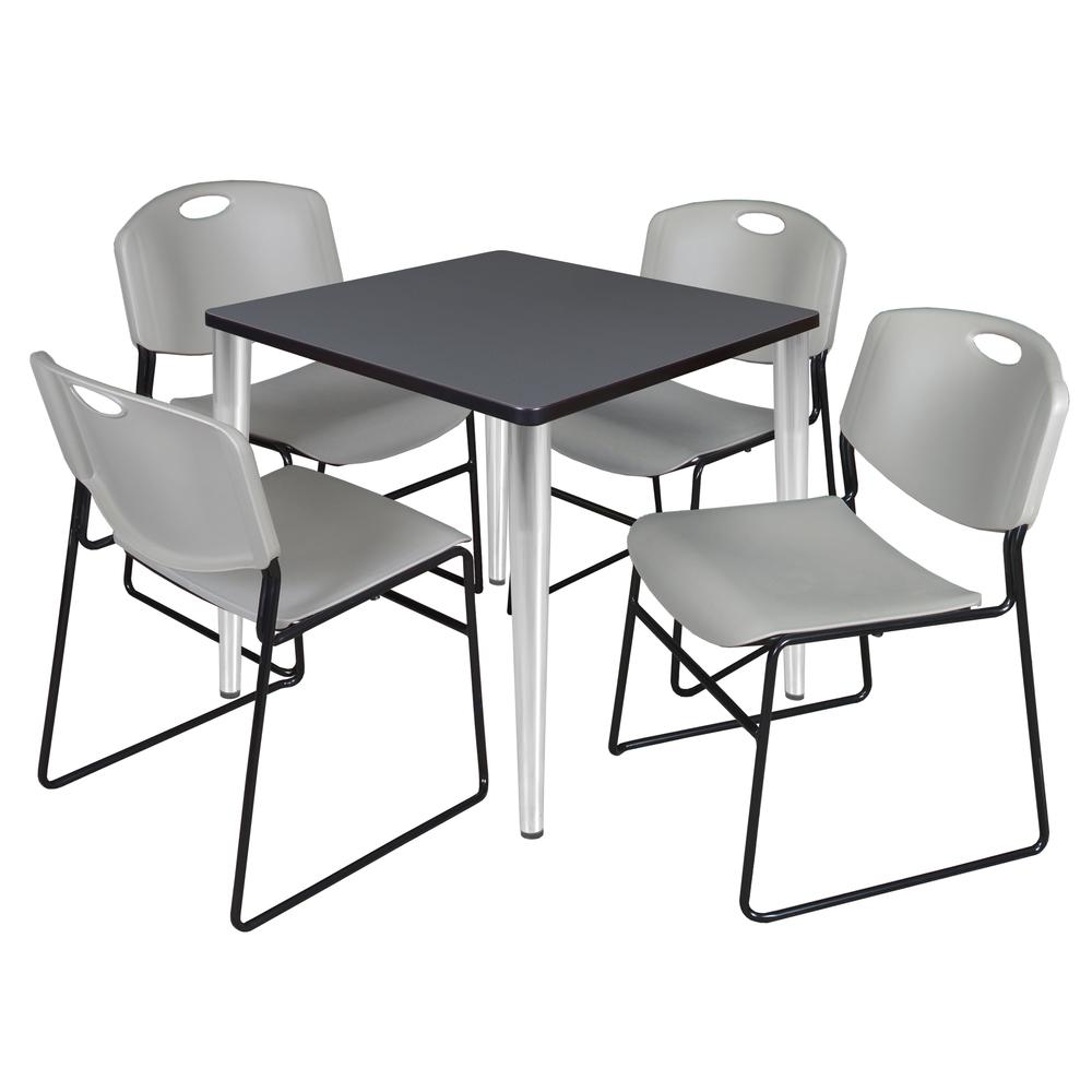 Regency Kahlo 30 in. Square Breakroom Table- Grey Top, Chrome Base & 4 Zeng Stack Chairs- Grey. Picture 1