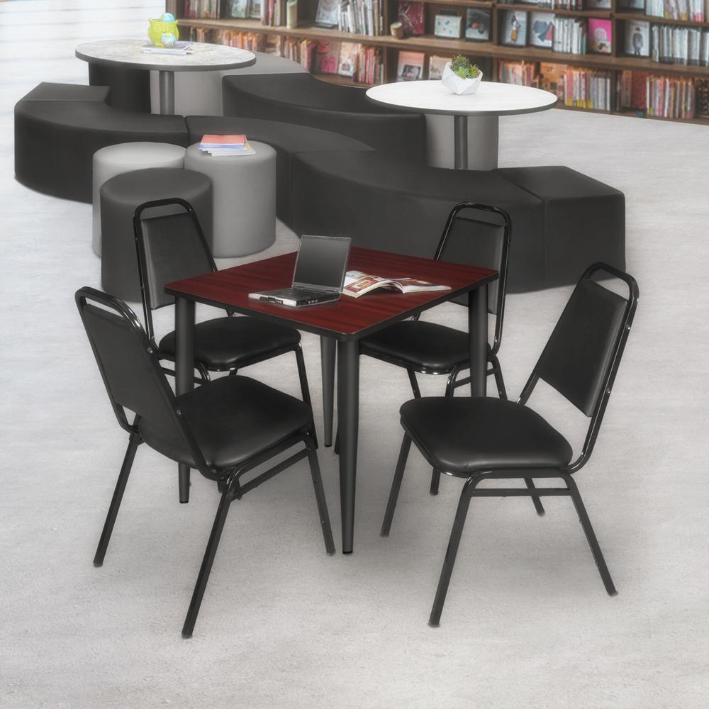 Regency Kahlo 30 in. Square Breakroom Table- Mahogany Top, Black Base & 4 Restaurant Stack Chairs- Black. Picture 7