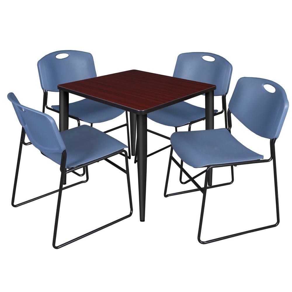 Regency Kahlo 30 in. Square Breakroom Table- Mahogany Top, Black Base & 4 Zeng Stack Chairs- Blue. Picture 1