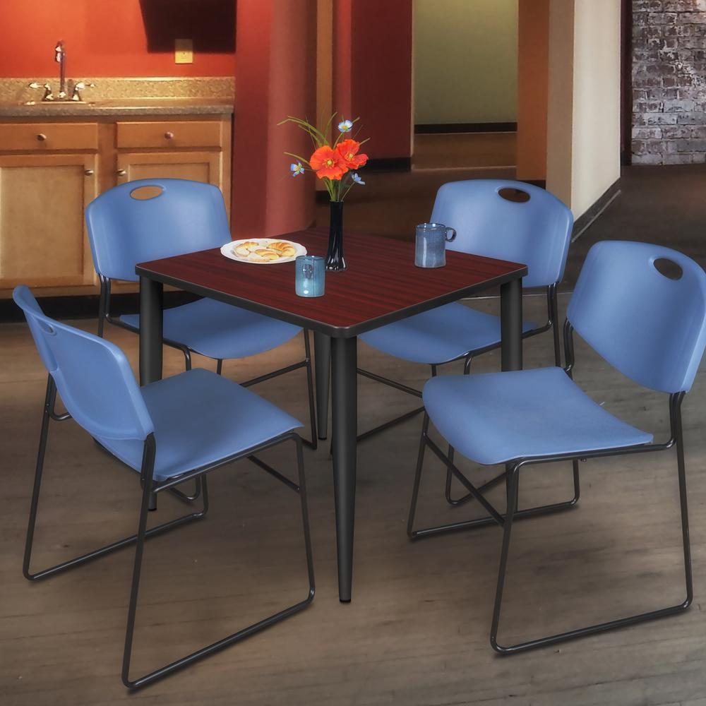 Regency Kahlo 30 in. Square Breakroom Table- Mahogany Top, Black Base & 4 Zeng Stack Chairs- Blue. Picture 7