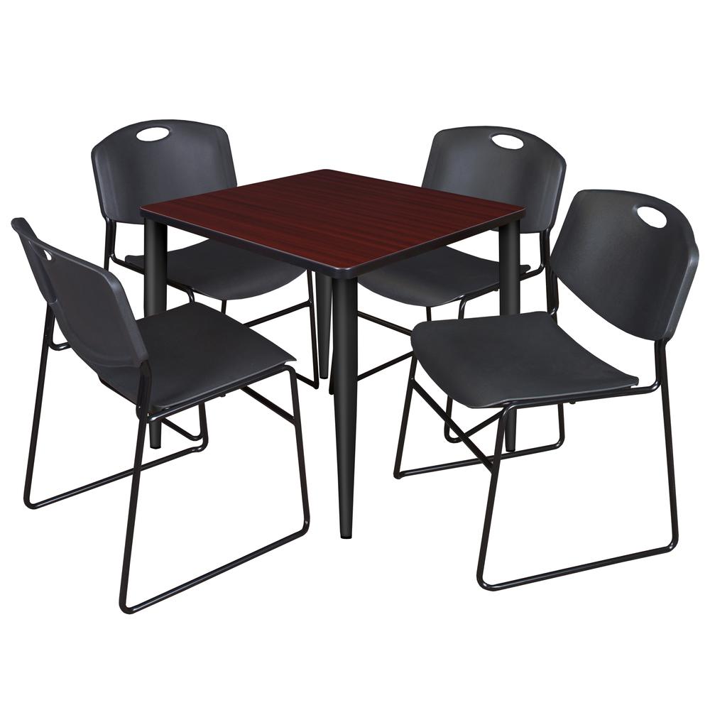 Regency Kahlo 30 in. Square Breakroom Table- Mahogany Top, Black Base & 4 Zeng Stack Chairs- Black. Picture 1
