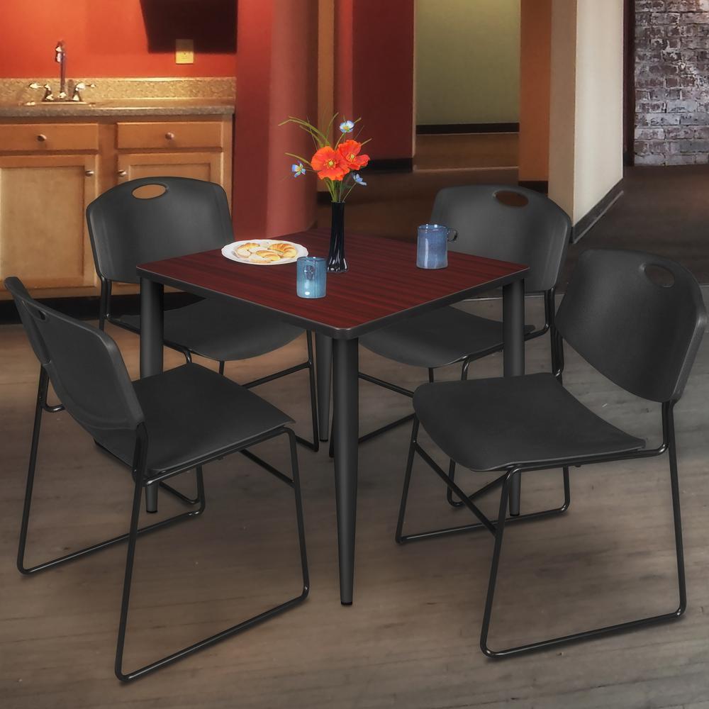 Regency Kahlo 30 in. Square Breakroom Table- Mahogany Top, Black Base & 4 Zeng Stack Chairs- Black. Picture 7