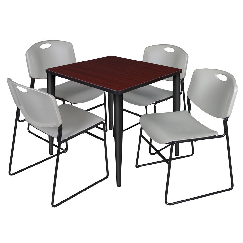 Regency Kahlo 30 in. Square Breakroom Table- Mahogany Top, Black Base & 4 Zeng Stack Chairs- Grey. Picture 1