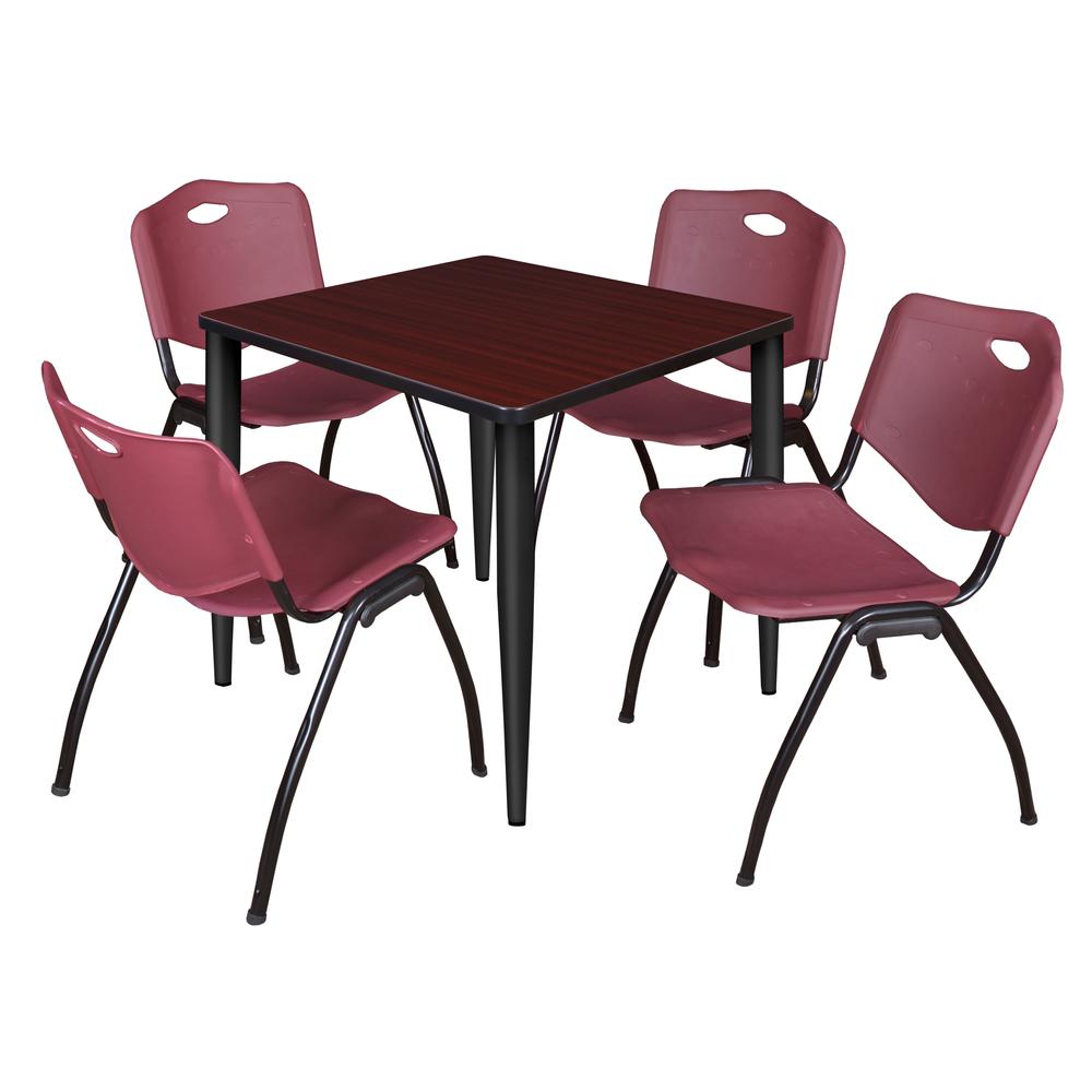 Regency Kahlo 30 in. Square Breakroom Table- Mahogany Top, Black Base & 4 M Stack Chairs- Burgundy. Picture 1