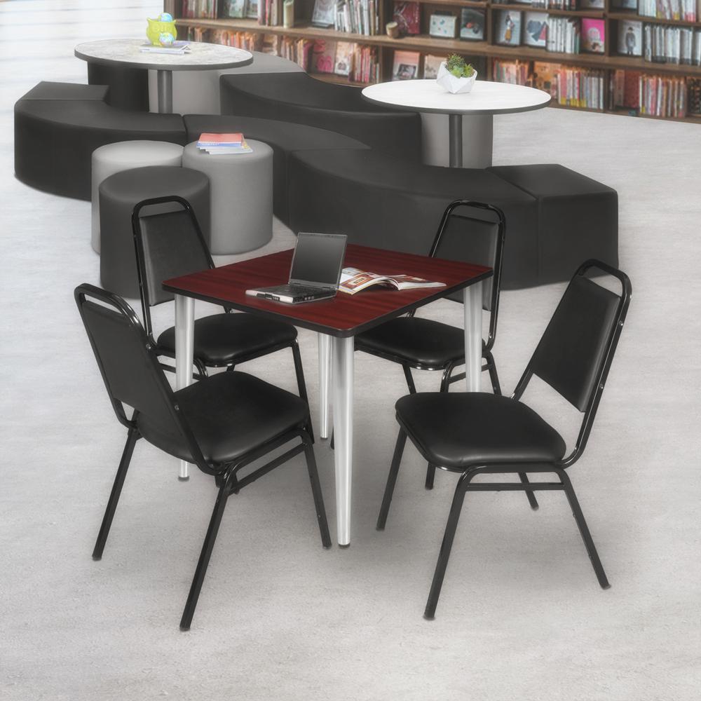 Regency Kahlo 30 in. Square Breakroom Table- Mahogany Top, Chrome Base & 4 Restaurant Stack Chairs- Black. Picture 7