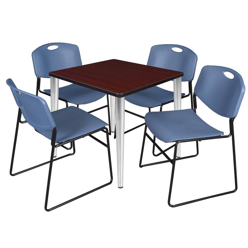 Regency Kahlo 30 in. Square Breakroom Table- Mahogany Top, Chrome Base & 4 Zeng Stack Chairs- Blue. Picture 1