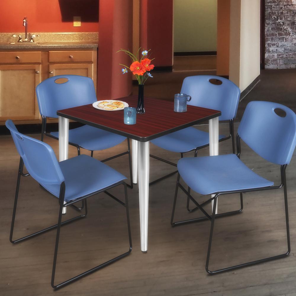 Regency Kahlo 30 in. Square Breakroom Table- Mahogany Top, Chrome Base & 4 Zeng Stack Chairs- Blue. Picture 7