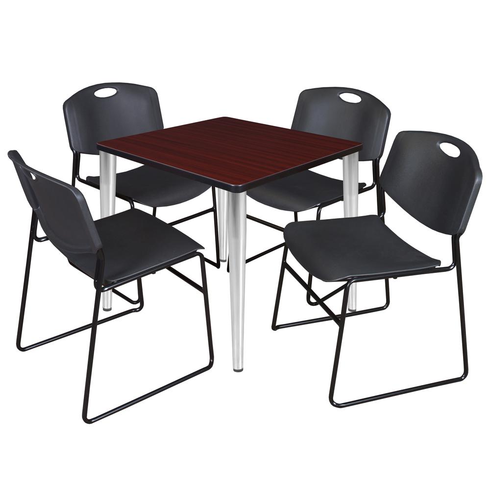 Regency Kahlo 30 in. Square Breakroom Table- Mahogany Top, Chrome Base & 4 Zeng Stack Chairs- Black. Picture 1