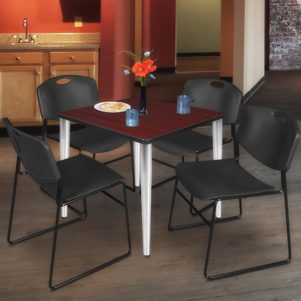 Regency Kahlo 30 in. Square Breakroom Table- Mahogany Top, Chrome Base & 4 Zeng Stack Chairs- Black. Picture 7