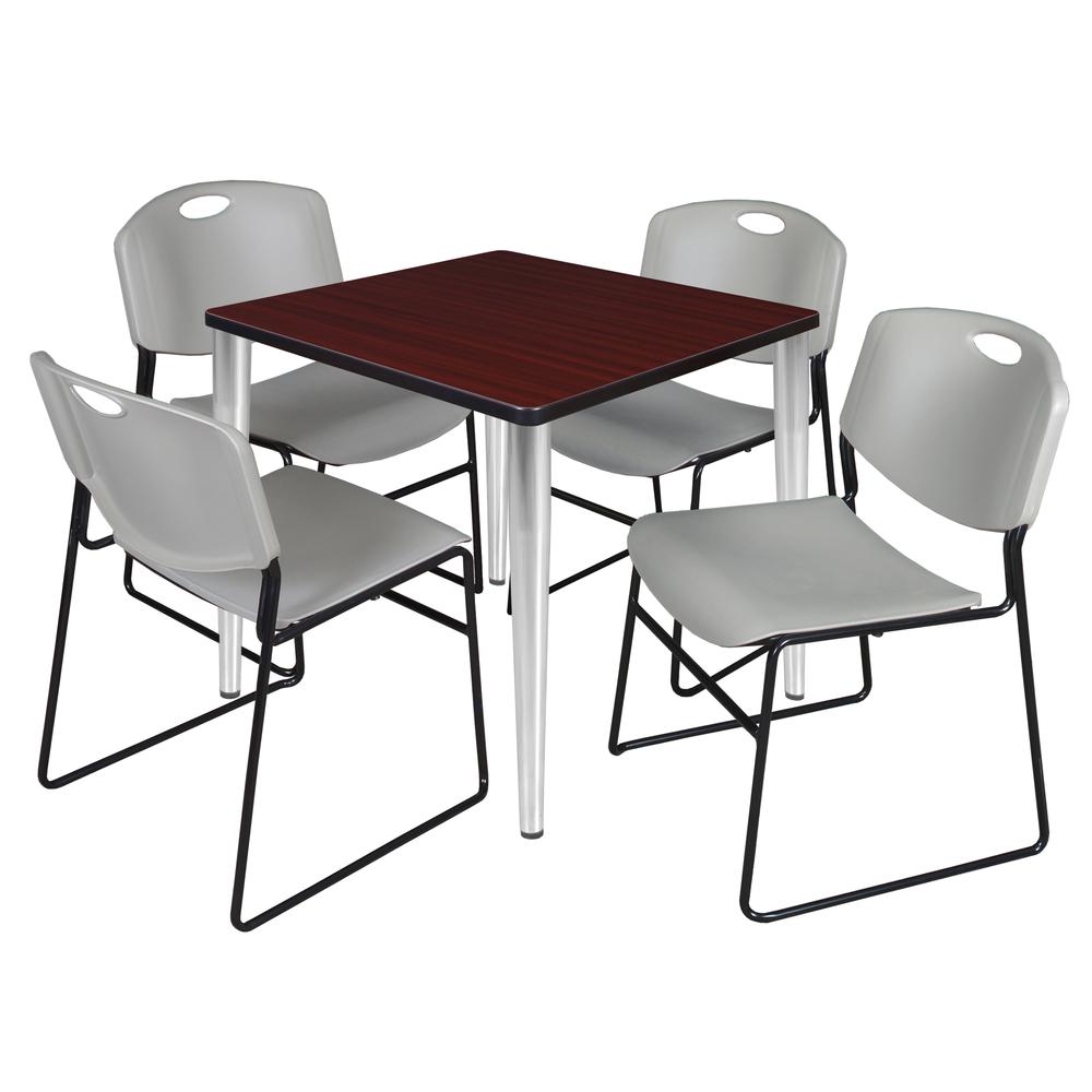 Regency Kahlo 30 in. Square Breakroom Table- Mahogany Top, Chrome Base & 4 Zeng Stack Chairs- Grey. Picture 1