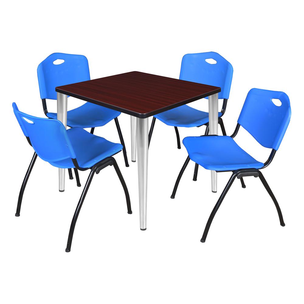 Regency Kahlo 30 in. Square Breakroom Table- Mahogany Top, Chrome Base & 4 M Stack Chairs- Blue. Picture 1