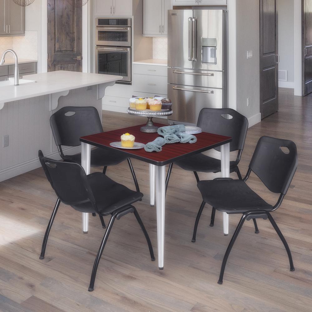 Regency Kahlo 30 in. Square Breakroom Table- Mahogany Top, Chrome Base & 4 M Stack Chairs- Black. Picture 7