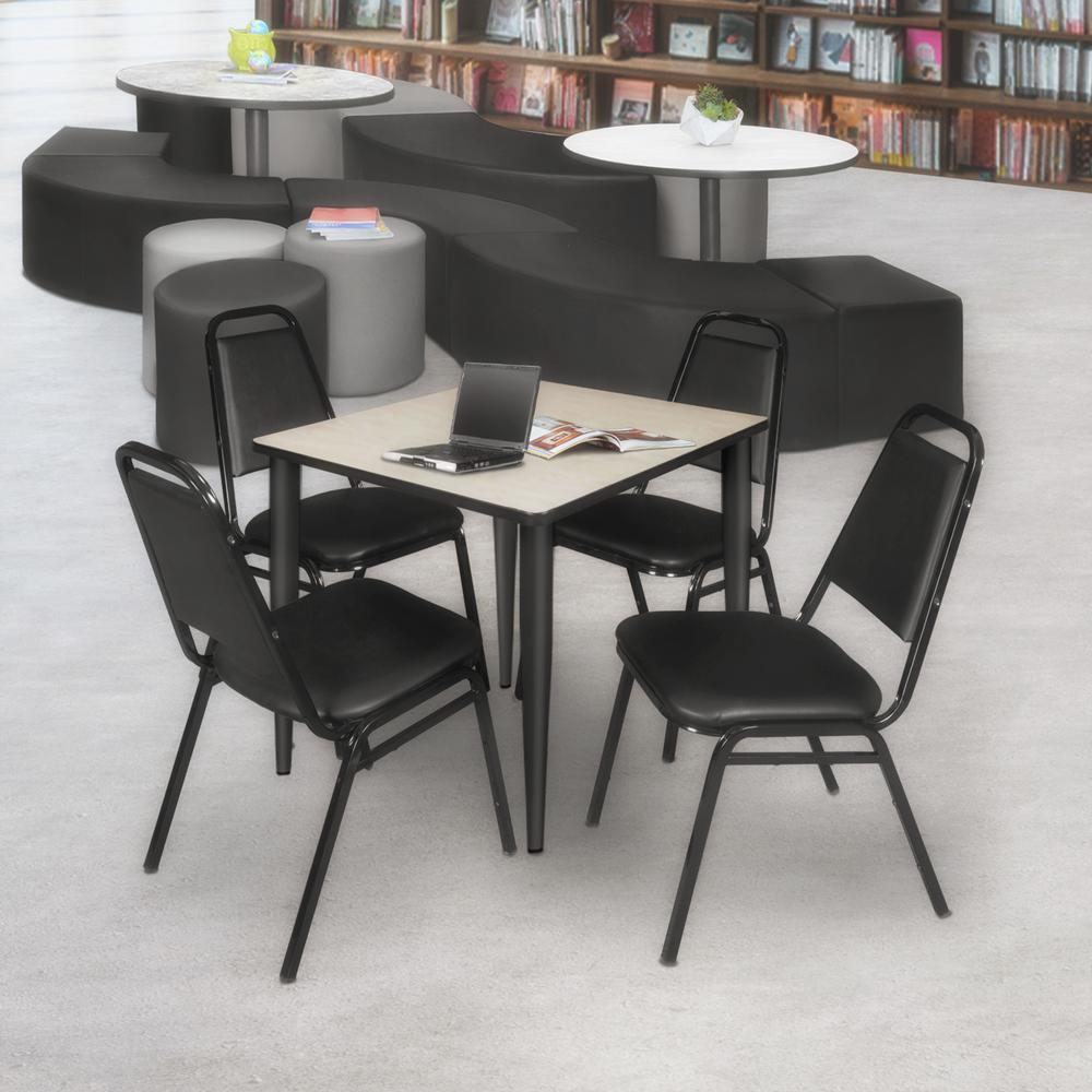 Regency Kahlo 30 in. Square Breakroom Table- Maple Top, Black Base & 4 Restaurant Stack Chairs- Black. Picture 7