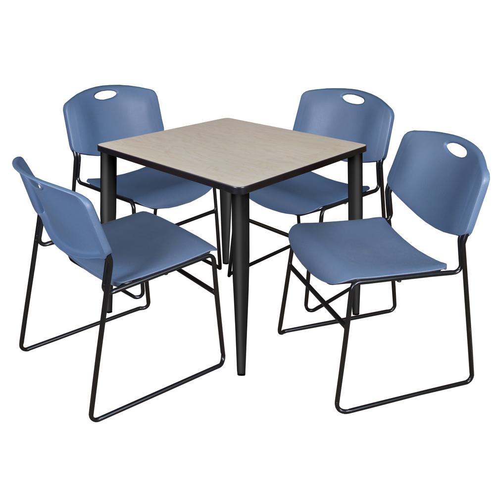 Regency Kahlo 30 in. Square Breakroom Table- Maple Top, Black Base & 4 Zeng Stack Chairs- Blue. Picture 1