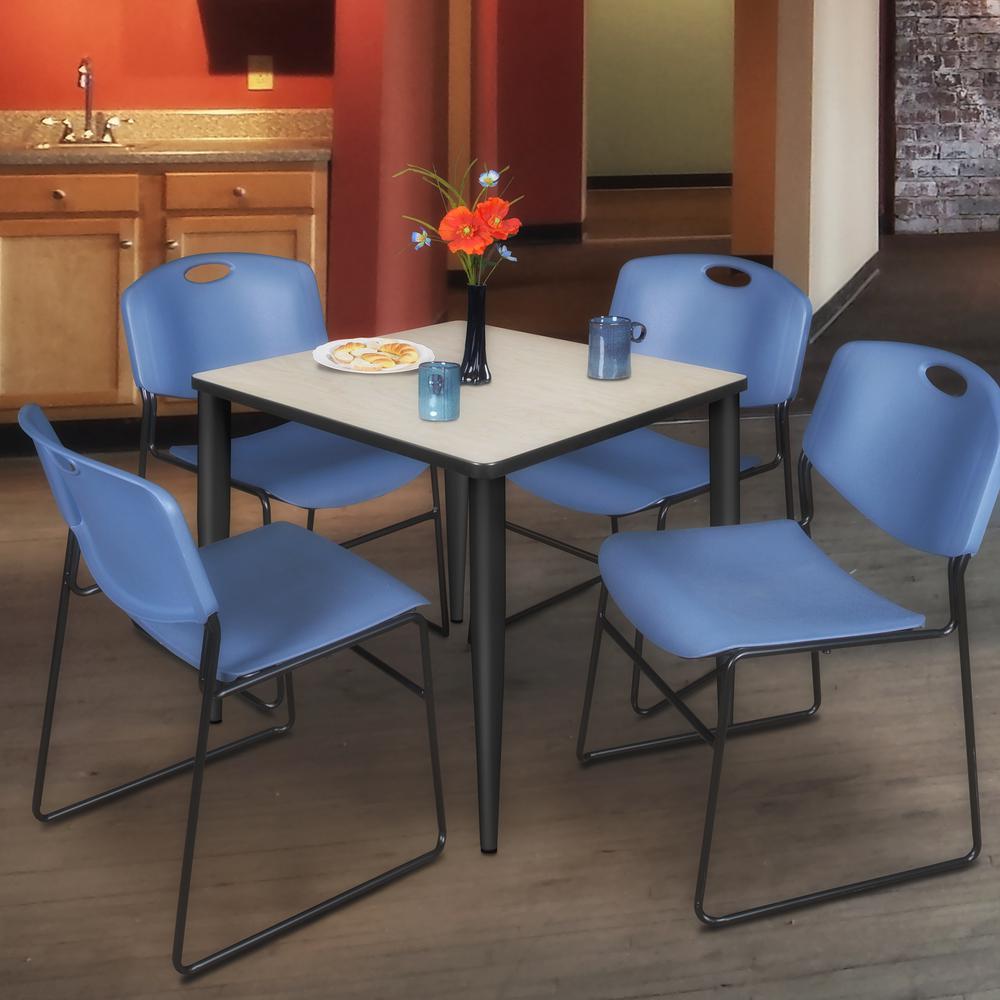 Regency Kahlo 30 in. Square Breakroom Table- Maple Top, Black Base & 4 Zeng Stack Chairs- Blue. Picture 7