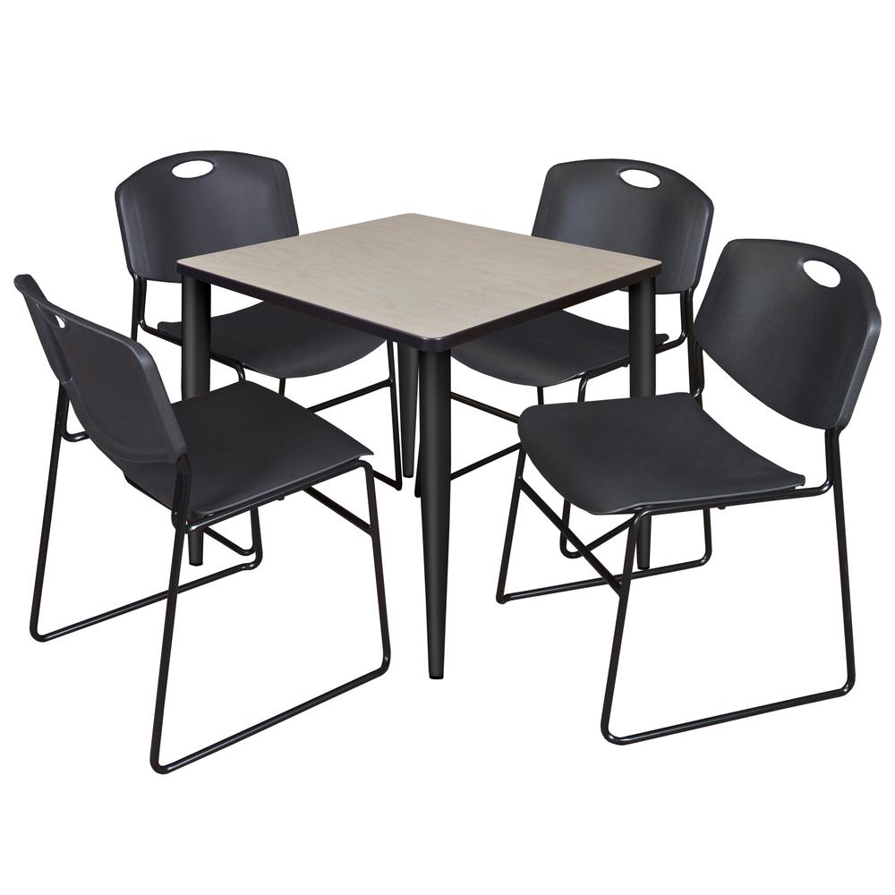 Regency Kahlo 30 in. Square Breakroom Table- Maple Top, Black Base & 4 Zeng Stack Chairs- Black. Picture 1