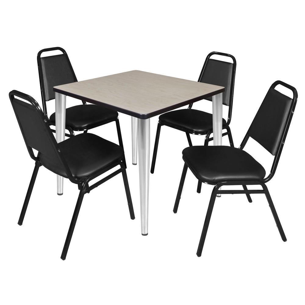 Regency Kahlo 30 in. Square Breakroom Table- Maple Top, Chrome Base & 4 Restaurant Stack Chairs- Black. Picture 1