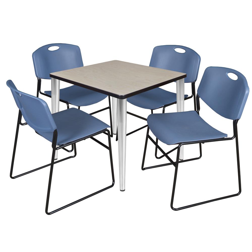 Regency Kahlo 30 in. Square Breakroom Table- Maple Top, Chrome Base & 4 Zeng Stack Chairs- Blue. Picture 1