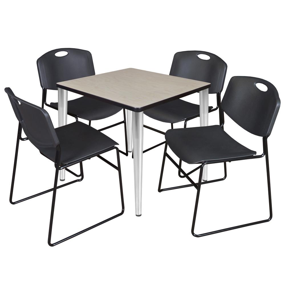 Regency Kahlo 30 in. Square Breakroom Table- Maple Top, Chrome Base & 4 Zeng Stack Chairs- Black. Picture 1