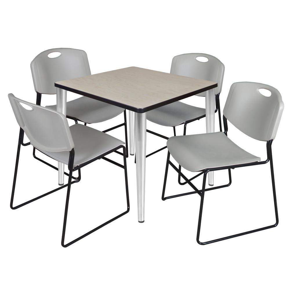 Regency Kahlo 30 in. Square Breakroom Table- Maple Top, Chrome Base & 4 Zeng Stack Chairs- Grey. Picture 1
