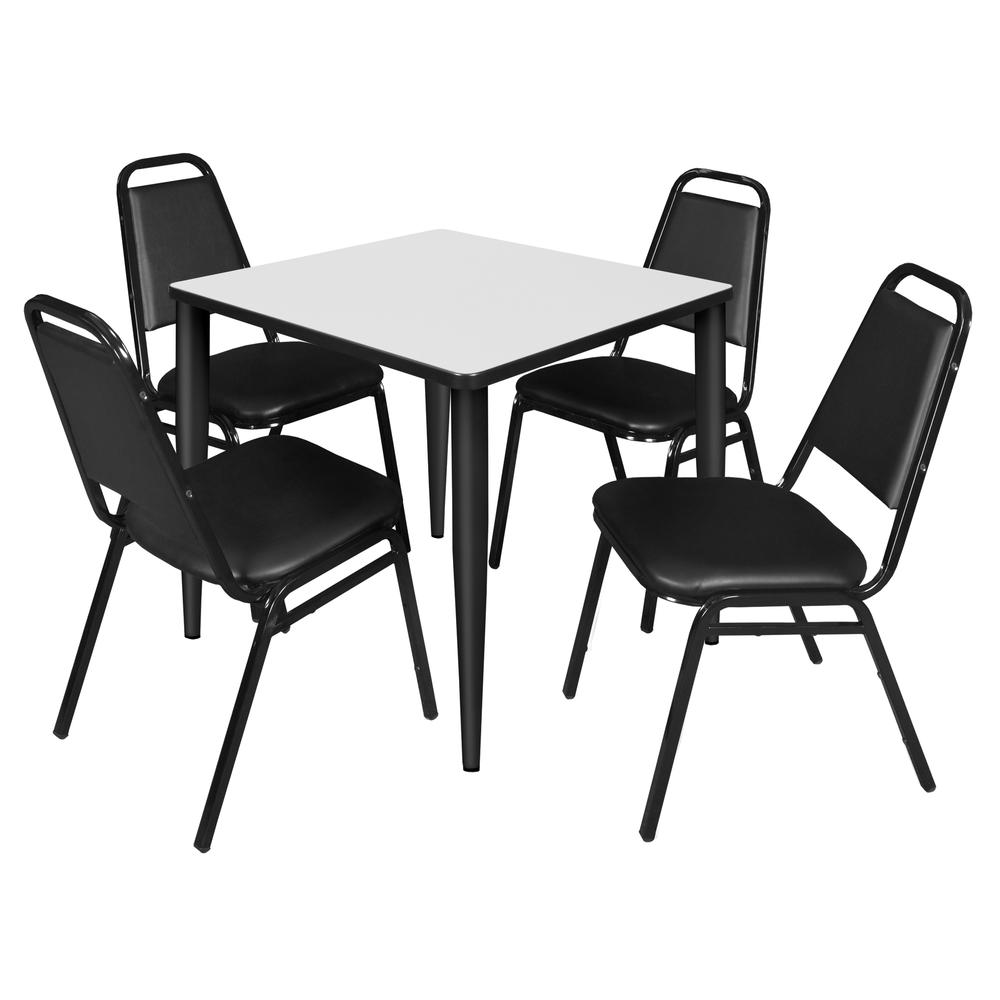 Regency Kahlo 30 in. Square Breakroom Table- White, Black Base & 4 Restaurant Stack Chairs- Black. Picture 1