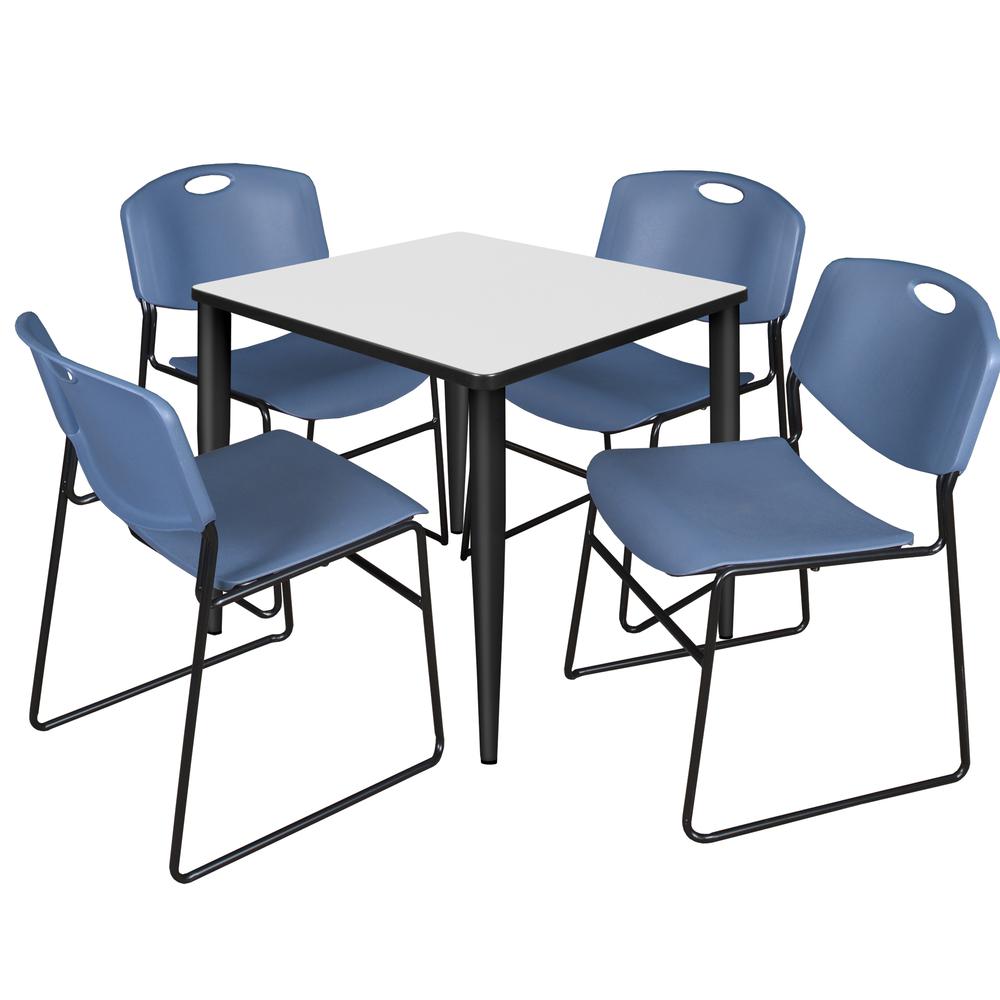 Regency Kahlo 30 in. Square Breakroom Table- White, Black Base & 4 Zeng Stack Chairs- Blue. Picture 1