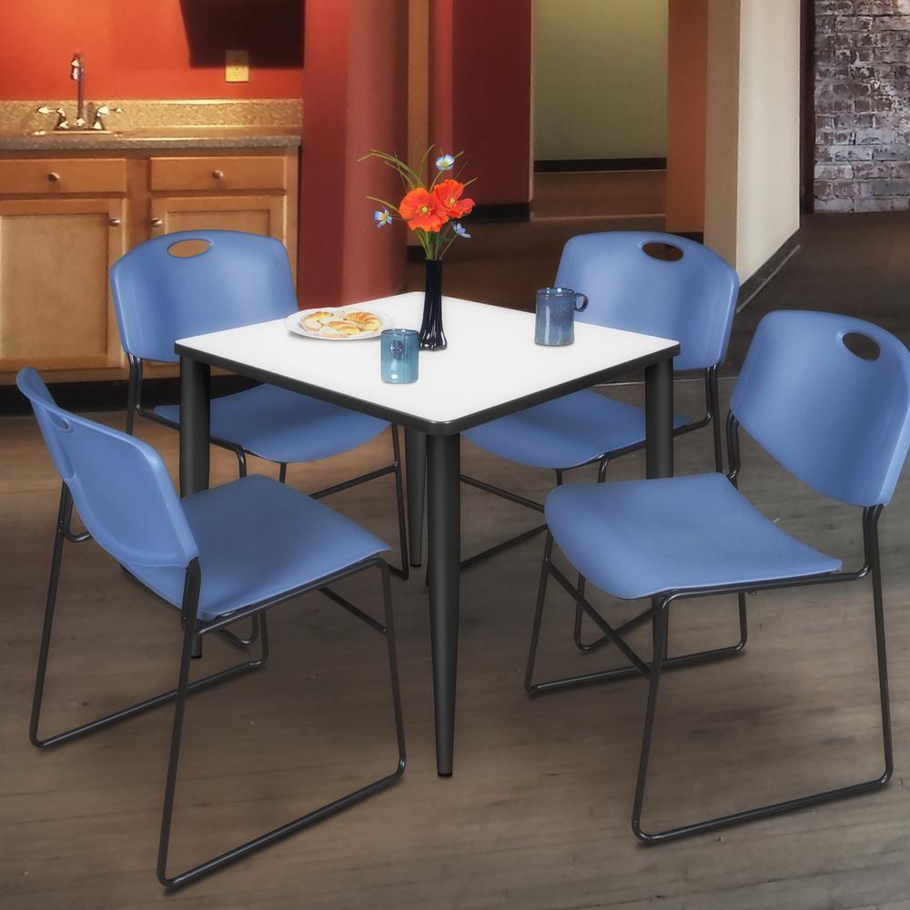 Regency Kahlo 30 in. Square Breakroom Table- White, Black Base & 4 Zeng Stack Chairs- Blue. Picture 7