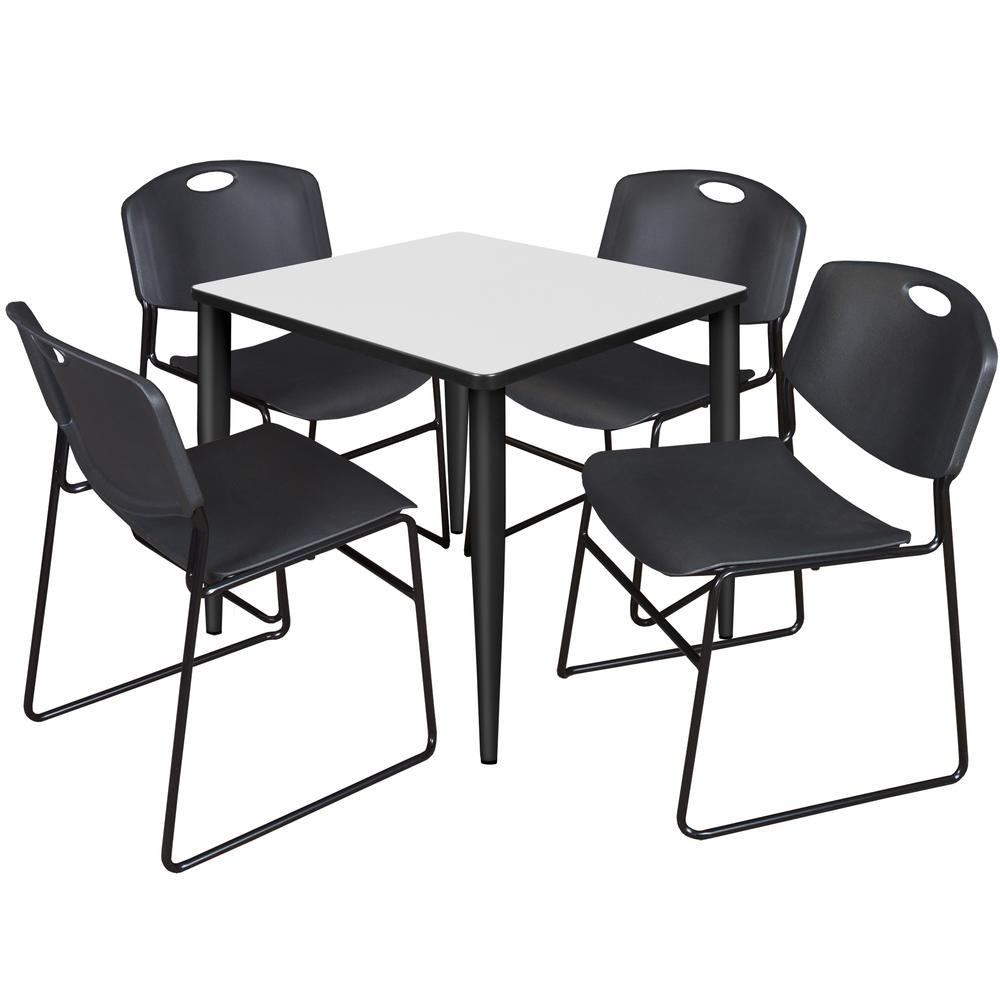 Regency Kahlo 30 in. Square Breakroom Table- White, Black Base & 4 Zeng Stack Chairs- Black. Picture 1