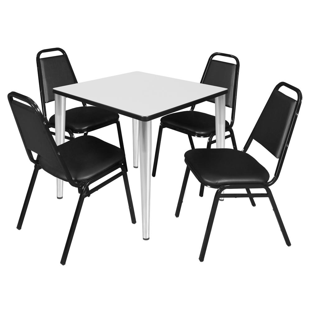 Regency Kahlo 30 in. Square Breakroom Table- White Top, Chrome Base & 4 Restaurant Stack Chairs- Black. Picture 1