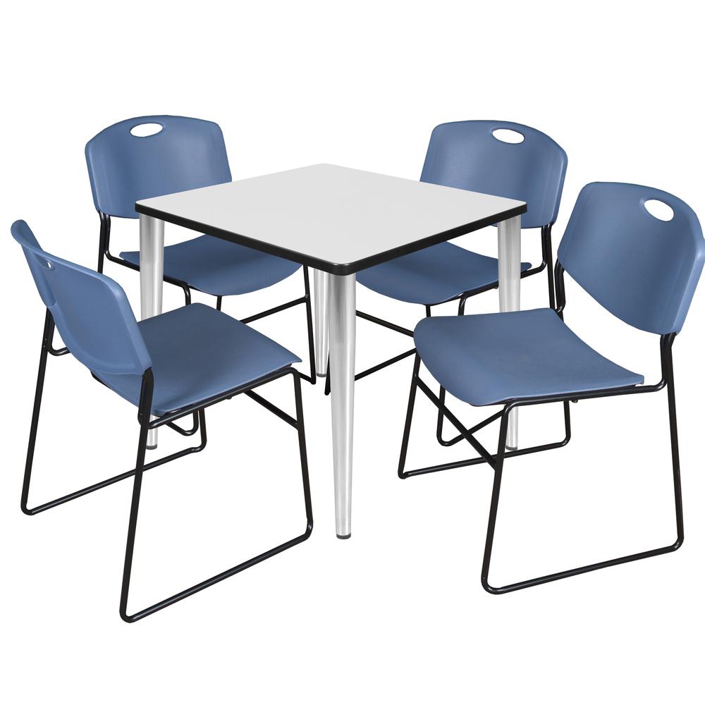 Regency Kahlo 30 in. Square Breakroom Table- White Top, Chrome Base & 4 Zeng Stack Chairs- Blue. Picture 1