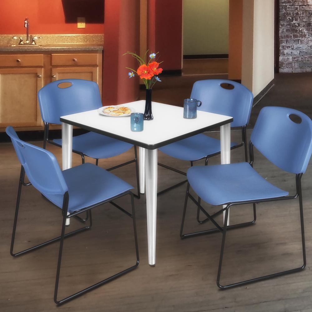 Regency Kahlo 30 in. Square Breakroom Table- White Top, Chrome Base & 4 Zeng Stack Chairs- Blue. Picture 7