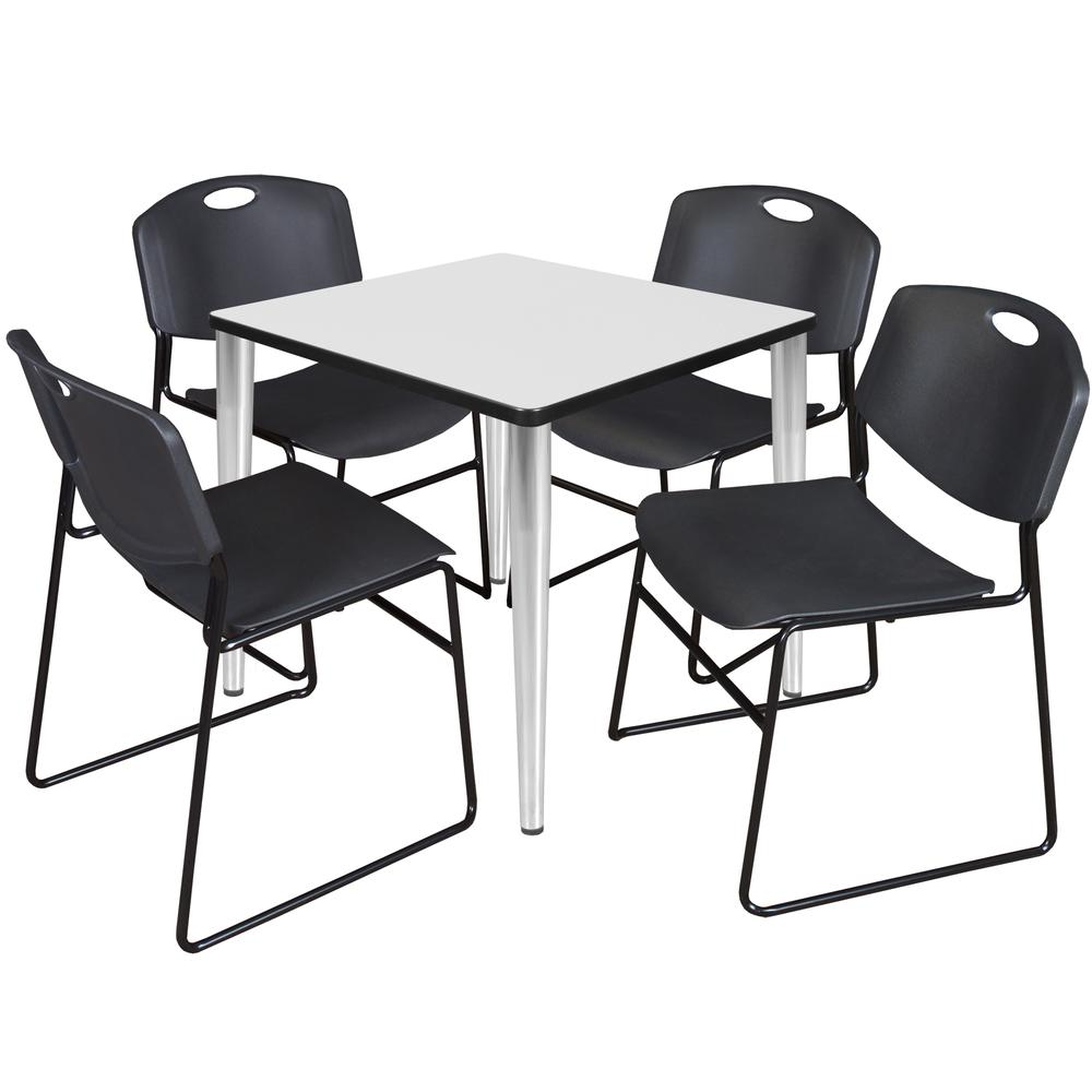 Regency Kahlo 30 in. Square Breakroom Table- White Top, Chrome Base & 4 Zeng Stack Chairs- Black. Picture 1
