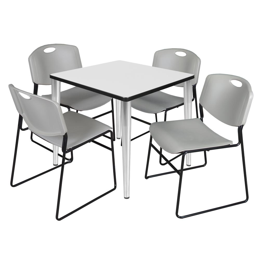 Regency Kahlo 30 in. Square Breakroom Table- White Top, Chrome Base & 4 Zeng Stack Chairs- Grey. Picture 1