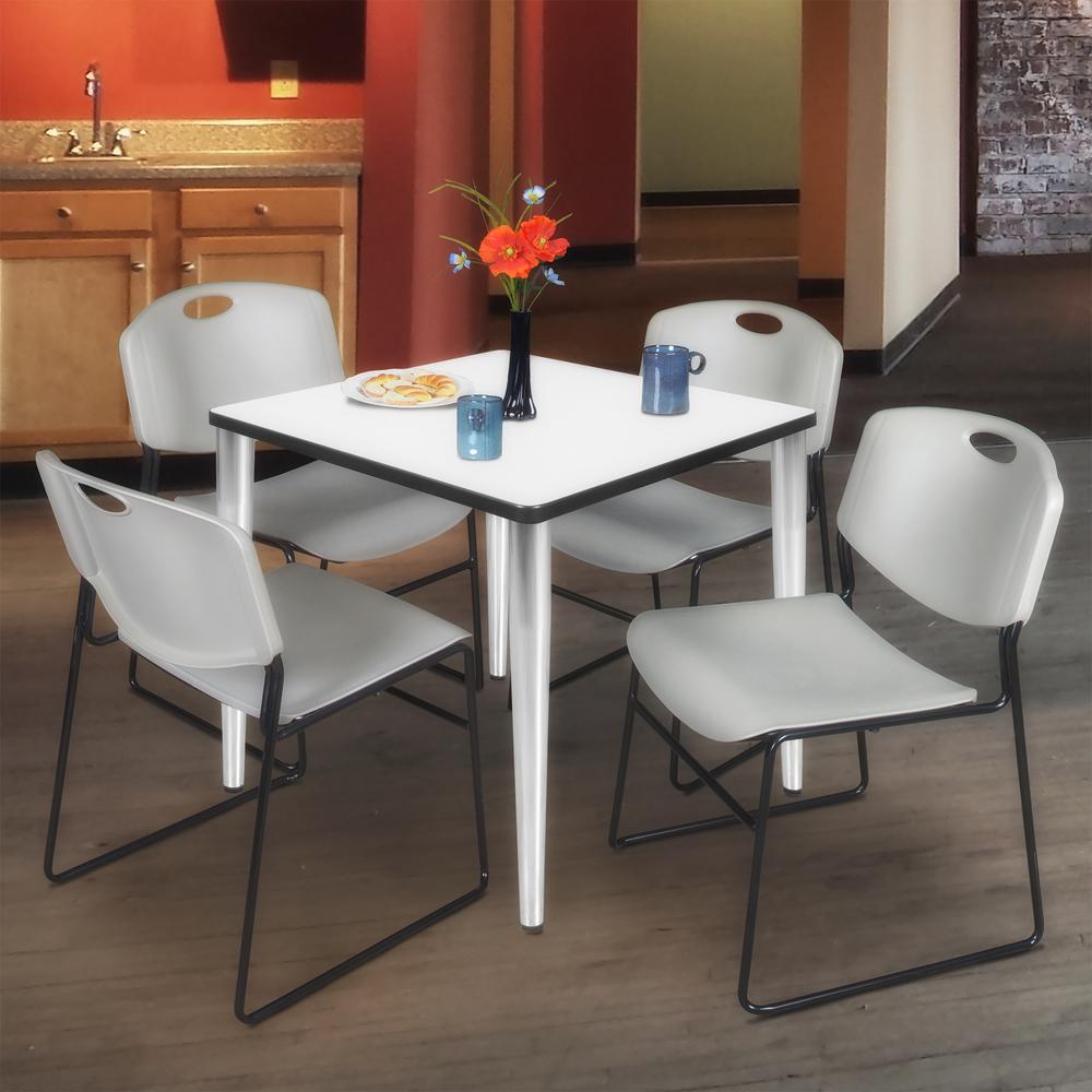 Regency Kahlo 30 in. Square Breakroom Table- White Top, Chrome Base & 4 Zeng Stack Chairs- Grey. Picture 7