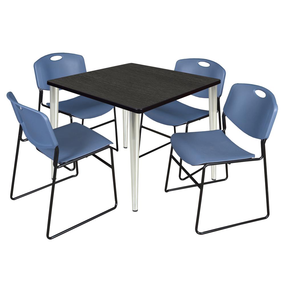 Regency Kahlo 36 in. Square Breakroom Table- Ash Grey Top, Chrome Base & 4 Zeng Stack Chairs- Blue. Picture 1