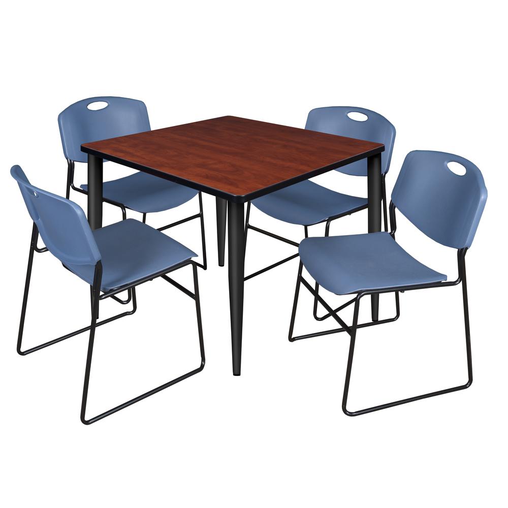 Regency Kahlo 36 in. Square Breakroom Table- Cherry Top, Black Base & 4 Zeng Stack Chairs- Blue. Picture 1