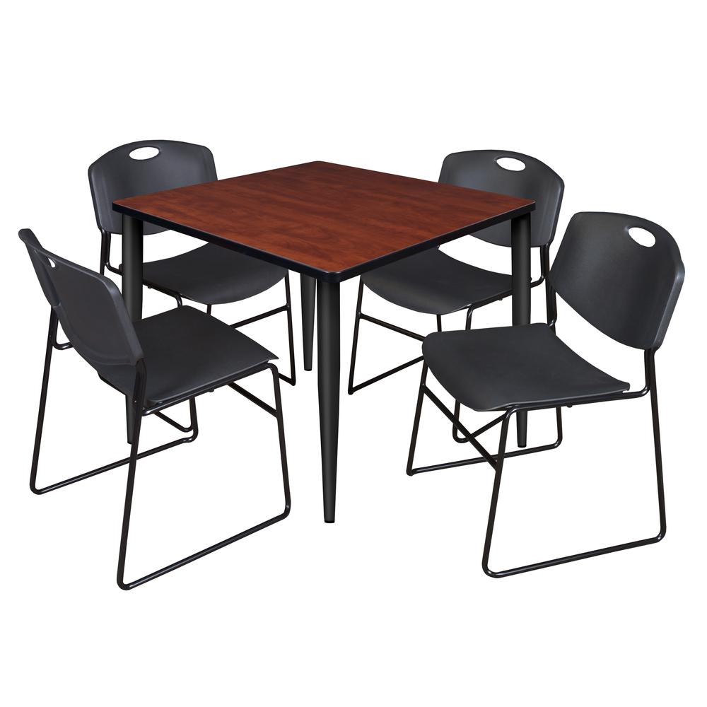 Regency Kahlo 36 in. Square Breakroom Table- Cherry Top, Black Base & 4 Zeng Stack Chairs- Black. Picture 1