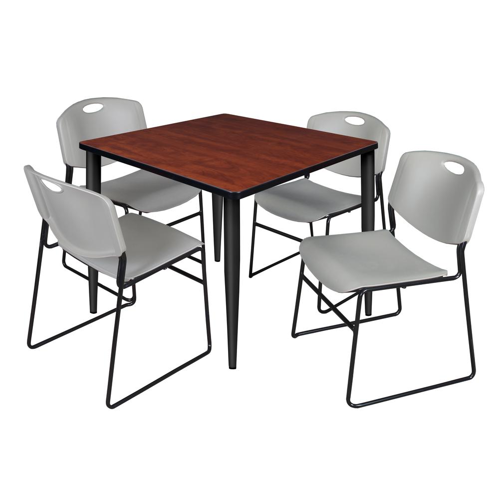 Regency Kahlo 36 in. Square Breakroom Table- Cherry Top, Black Base & 4 Zeng Stack Chairs- Grey. Picture 1