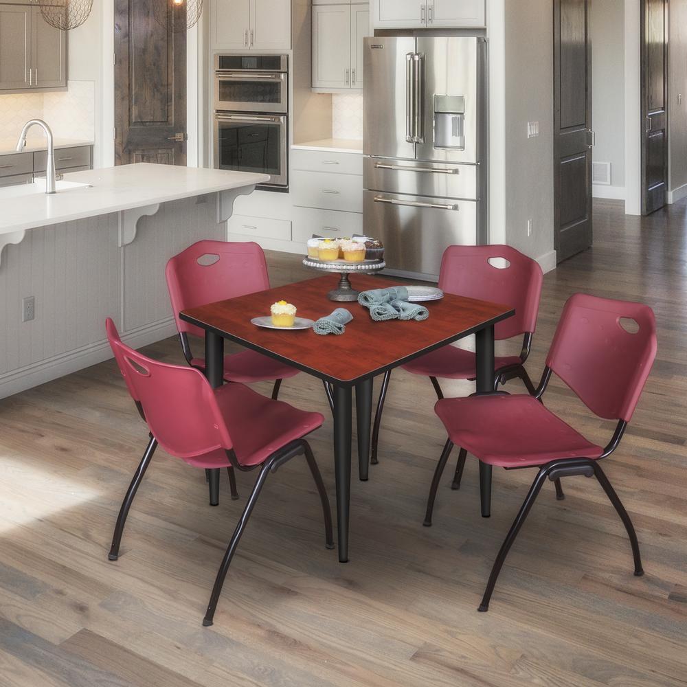 Regency Kahlo 36 in. Square Breakroom Table- Cherry Top, Black Base & 4 M Stack Chairs- Burgundy. Picture 7