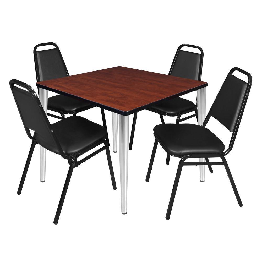 Regency Kahlo 36 in. Square Breakroom Table- Cherry Top, Chrome Base & 4 Restaurant Stack Chairs- Black. Picture 1