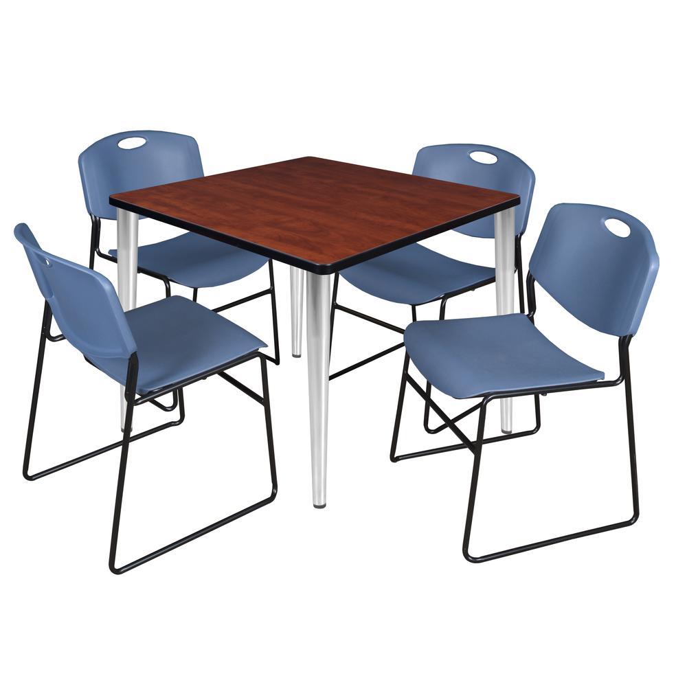 Regency Kahlo 36 in. Square Breakroom Table- Cherry Top, Chrome Base & 4 Zeng Stack Chairs- Blue. Picture 1