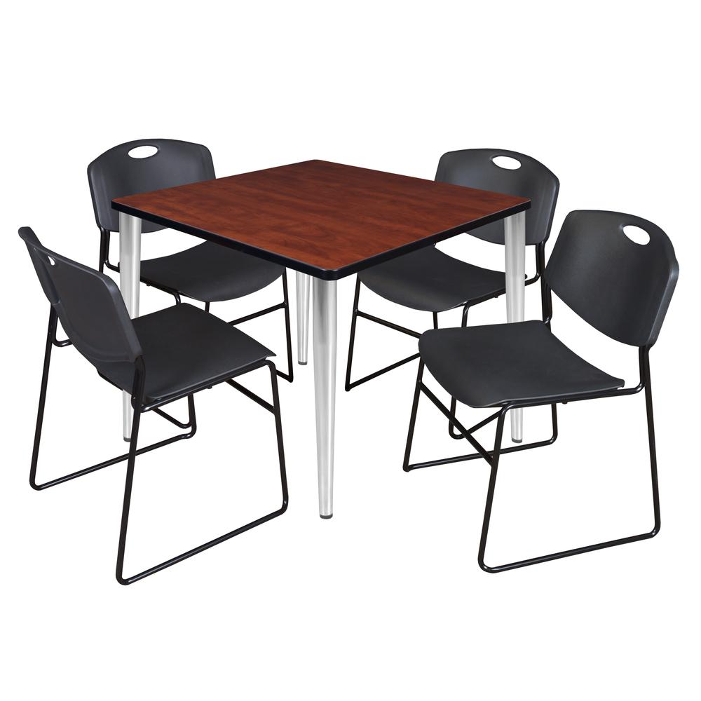 Regency Kahlo 36 in. Square Breakroom Table- Cherry Top, Chrome Base & 4 Zeng Stack Chairs- Black. Picture 1