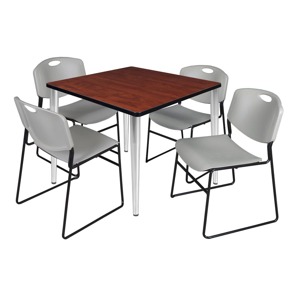 Regency Kahlo 36 in. Square Breakroom Table- Cherry Top, Chrome Base & 4 Zeng Stack Chairs- Grey. Picture 1