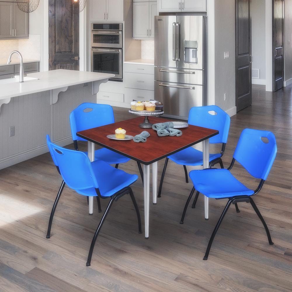 Regency Kahlo 36 in. Square Breakroom Table- Cherry Top, Chrome Base & 4 M Stack Chairs- Blue. Picture 7