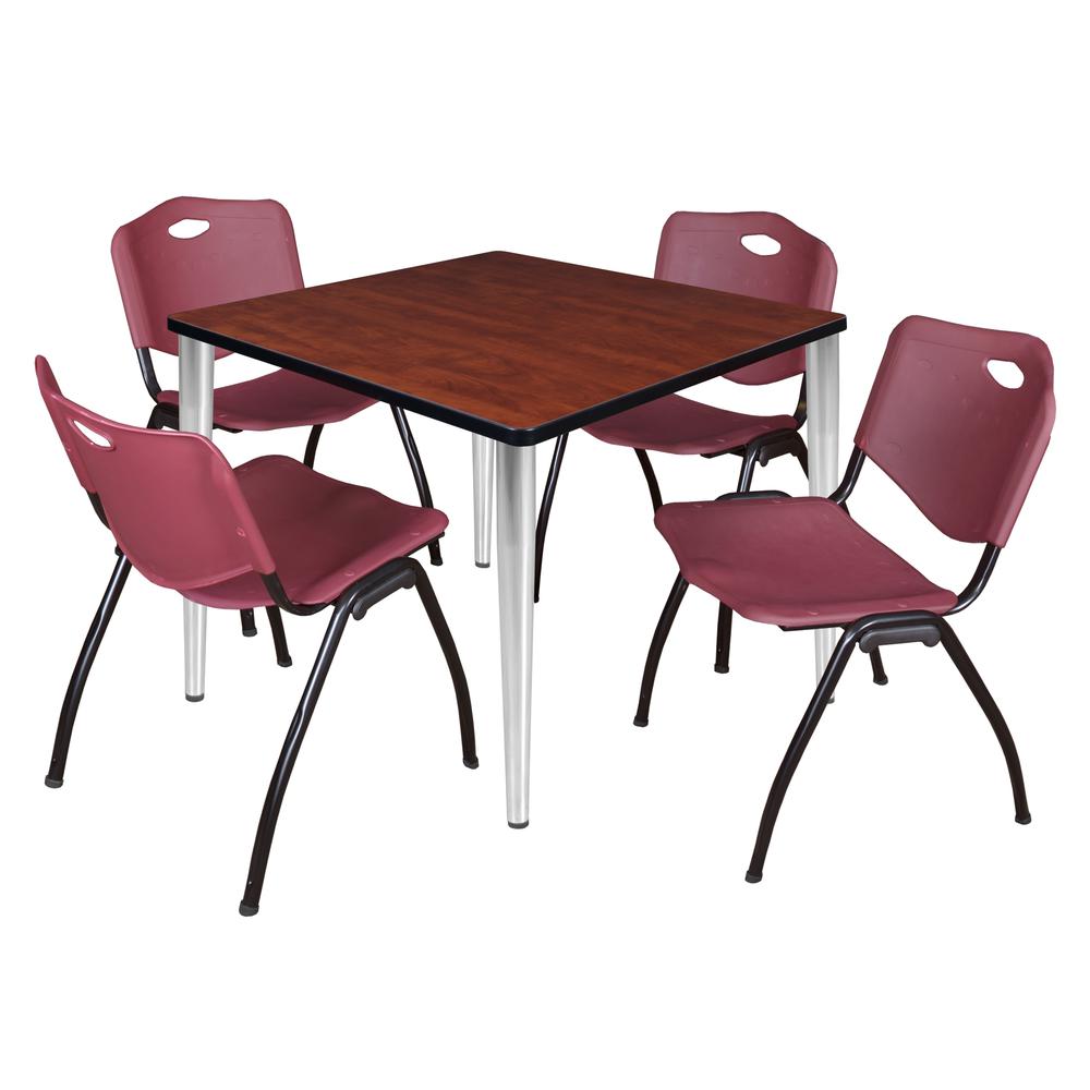 Regency Kahlo 36 in. Square Breakroom Table- Cherry Top, Chrome Base & 4 M Stack Chairs- Burgundy. Picture 1