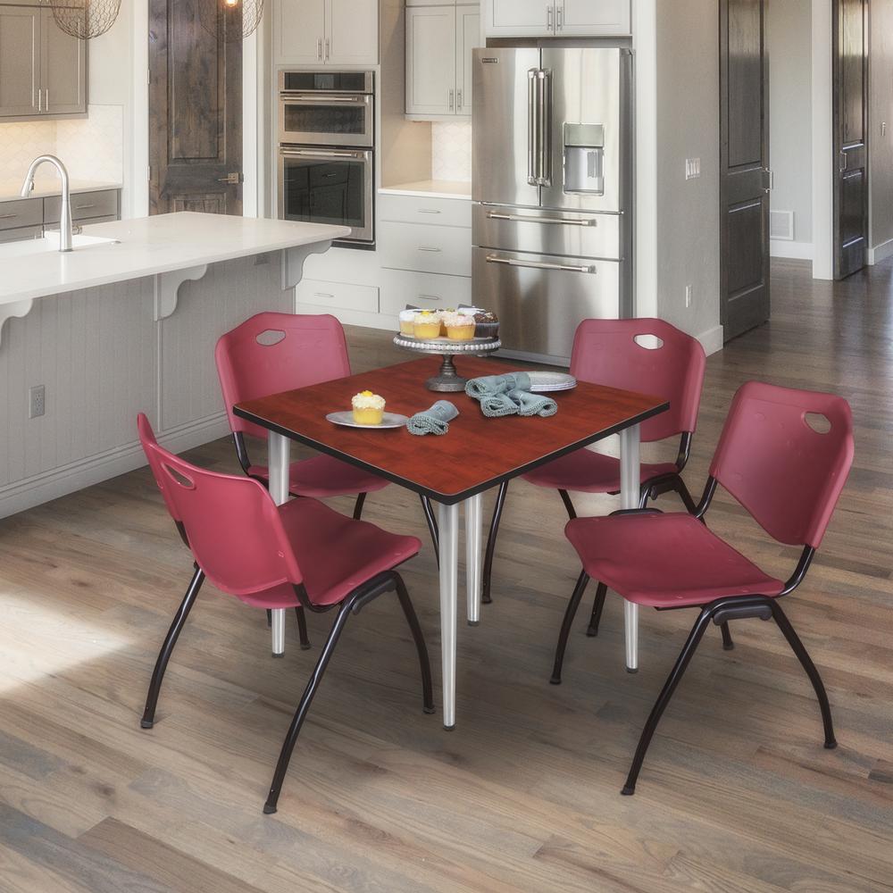 Regency Kahlo 36 in. Square Breakroom Table- Cherry Top, Chrome Base & 4 M Stack Chairs- Burgundy. Picture 7