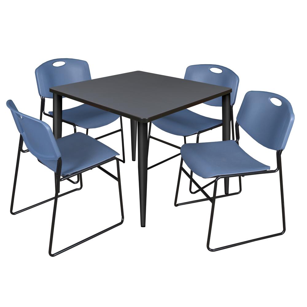 Regency Kahlo 36 in. Square Breakroom Table- Grey Top, Black Base & 4 Zeng Stack Chairs- Blue. Picture 1